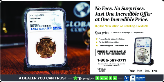 Coupon Offer: Buy the NEW 2025 1 oz Gold Eagle in MS70 at Spot Price + FREE US Shipping & 30 Day Returns & FREE Silver Eagle for the First 100 Customers - Call 866-587-0711 Today!