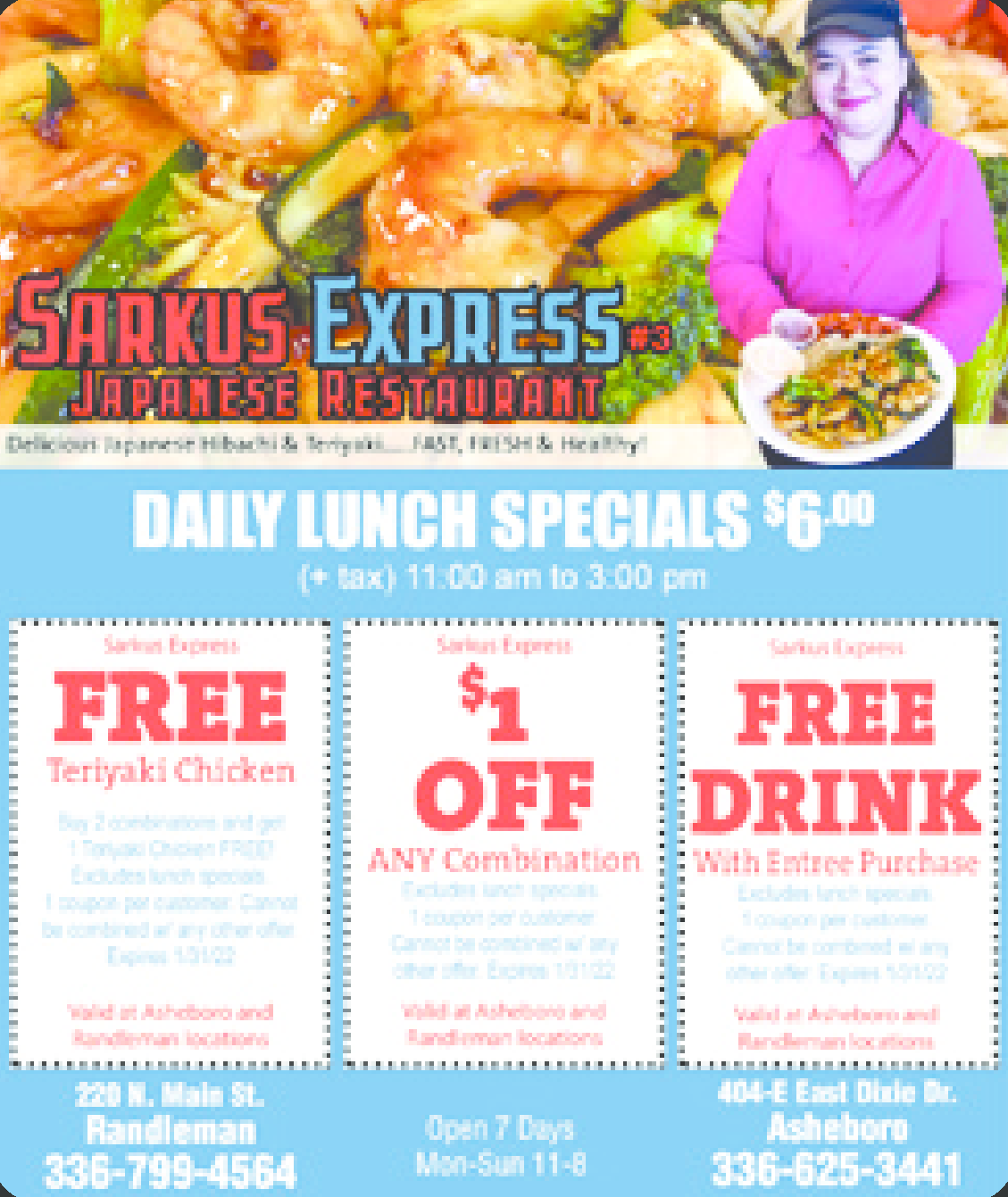 Sarkus Express Japanese Restaurant 3 Asheboro Coupons